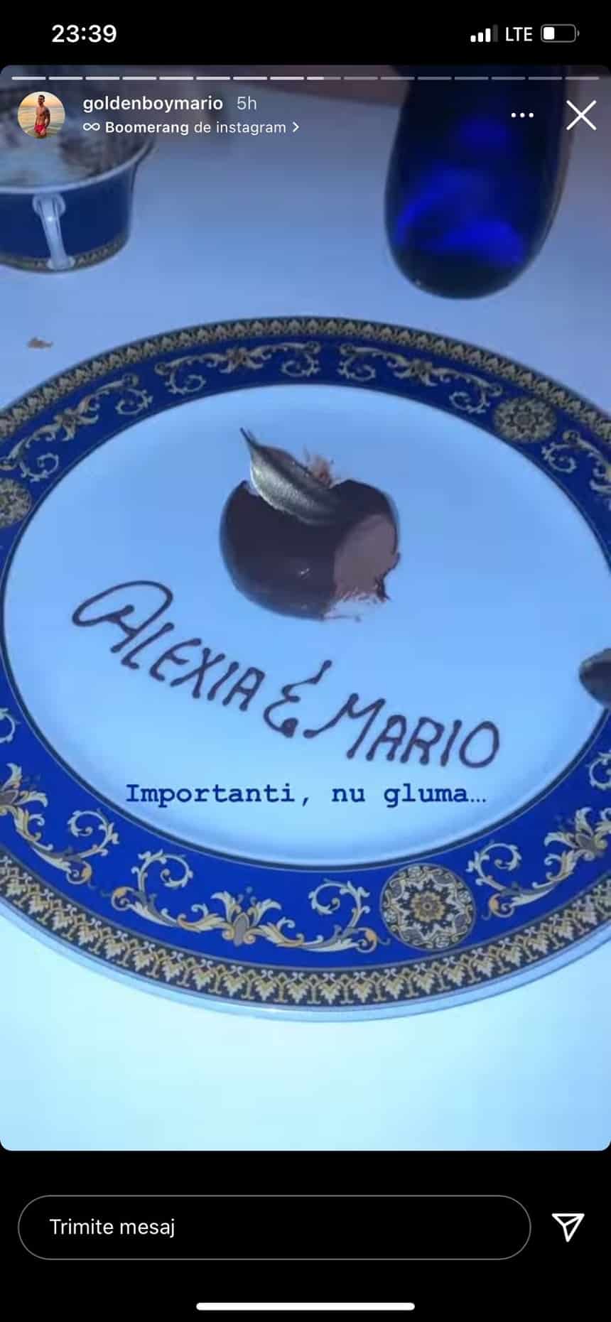 Alexia Eram și Mario au servit cina în stil mare, într-un local select din Dubai! Ce scrie pe farfuria celor doi: „Importanți, nu glumă…”