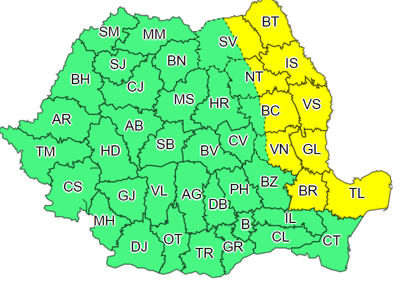 Avertizare meteo! Se anunță cod galben de vânt puternic și temperaturi scăzute în 10 județe din țară 