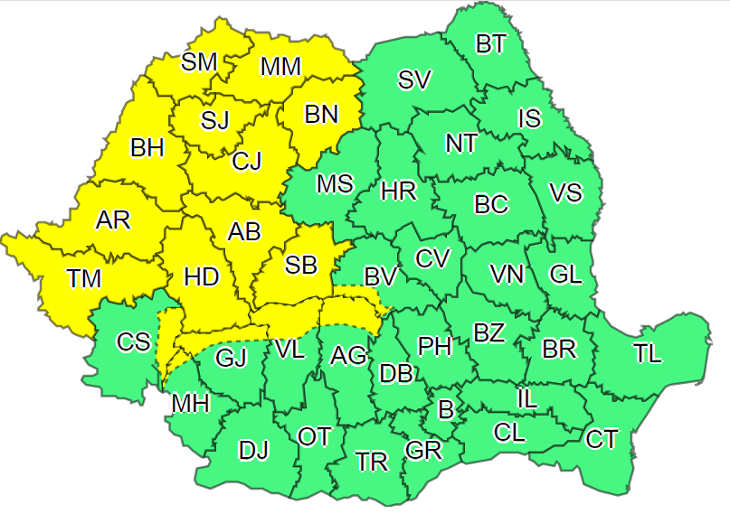 Alertă meteo! Se întorc ploile torențiale. Meteorologii au emis un cod galben de vreme rea și vijelii pentru 17 județe 