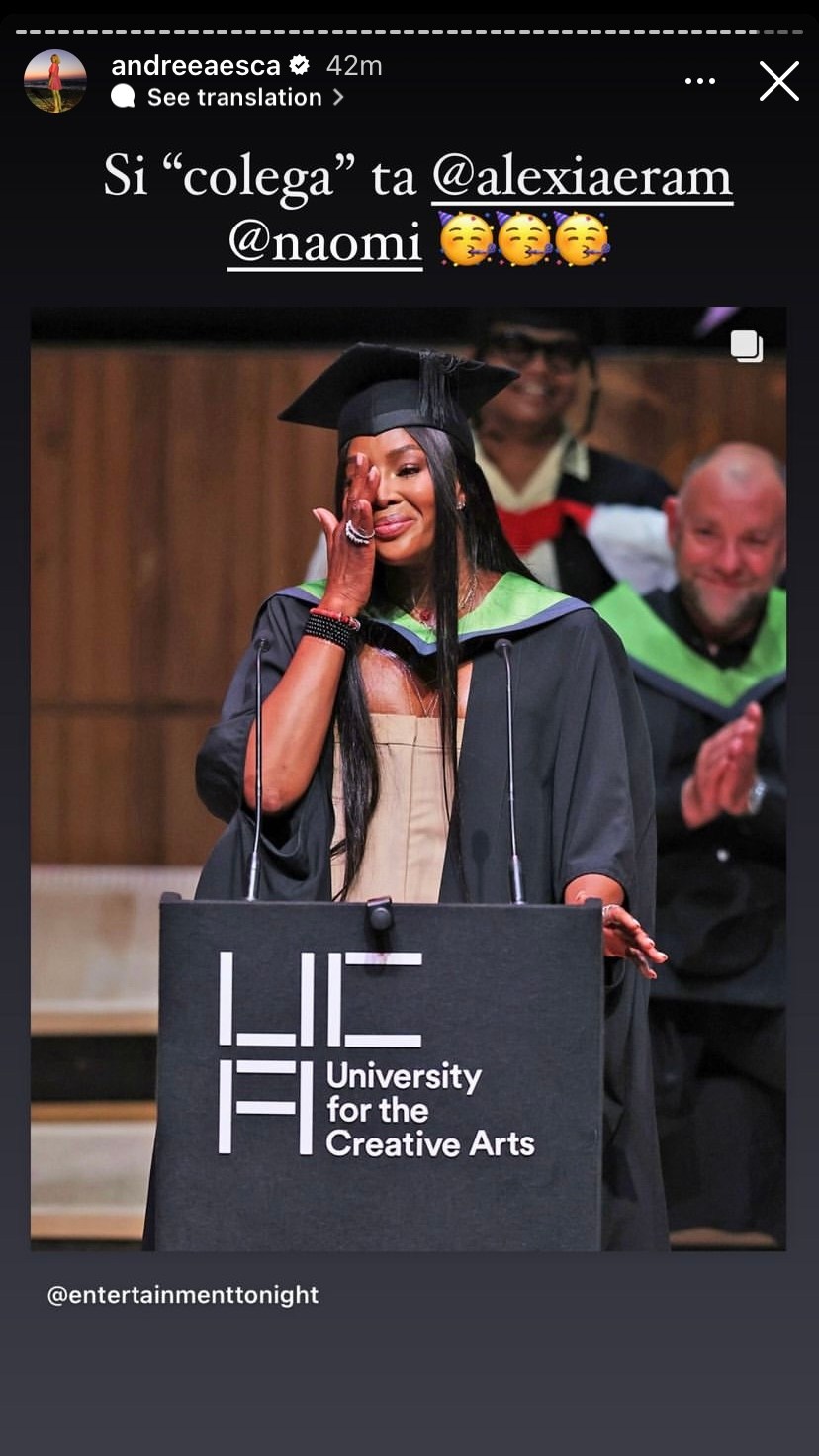 Alexia Eram, colegă de facultate cu Naomi Campbell. Cele două au absolvit ieri, iar Andreea Esca a surprins întregul moment