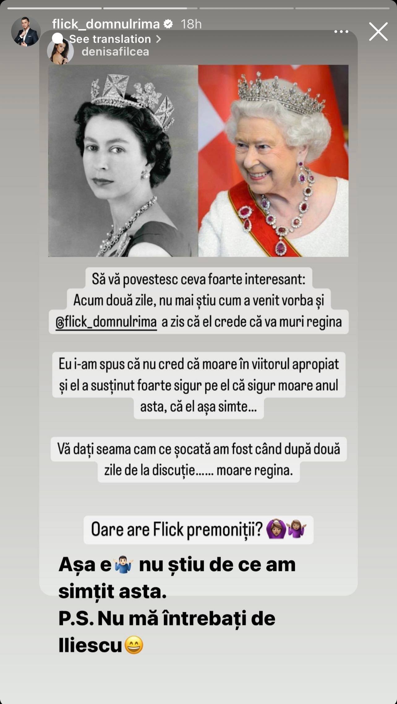 Flick a prevestiti moartea Reginei Elisabeta. Ce i-a spus fostul om de radio soției sale, Denisa