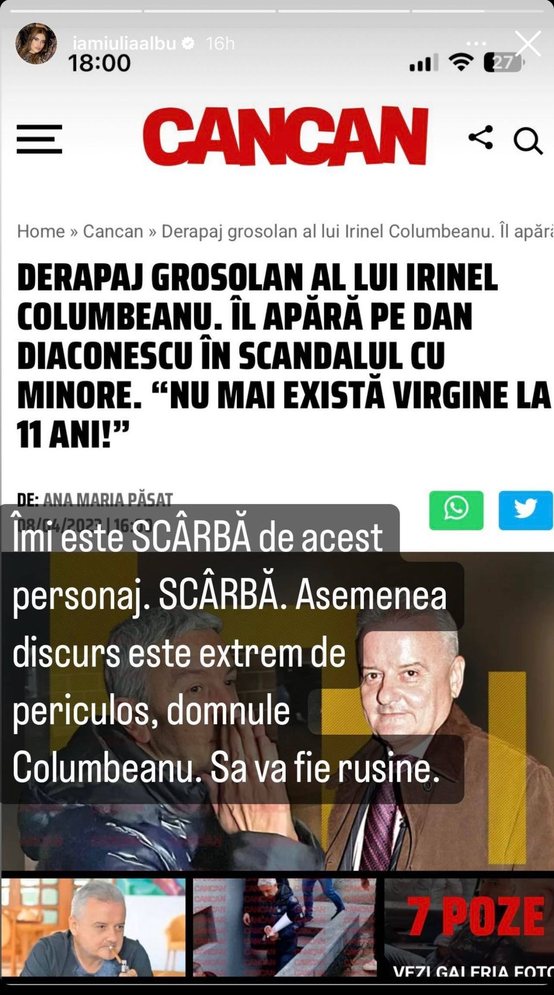 Iulia Albu dă de pământ cu Irinel Columbeanu după derapajul grosolan al afaceristului. „Îmi e scârbă de acest personaj”