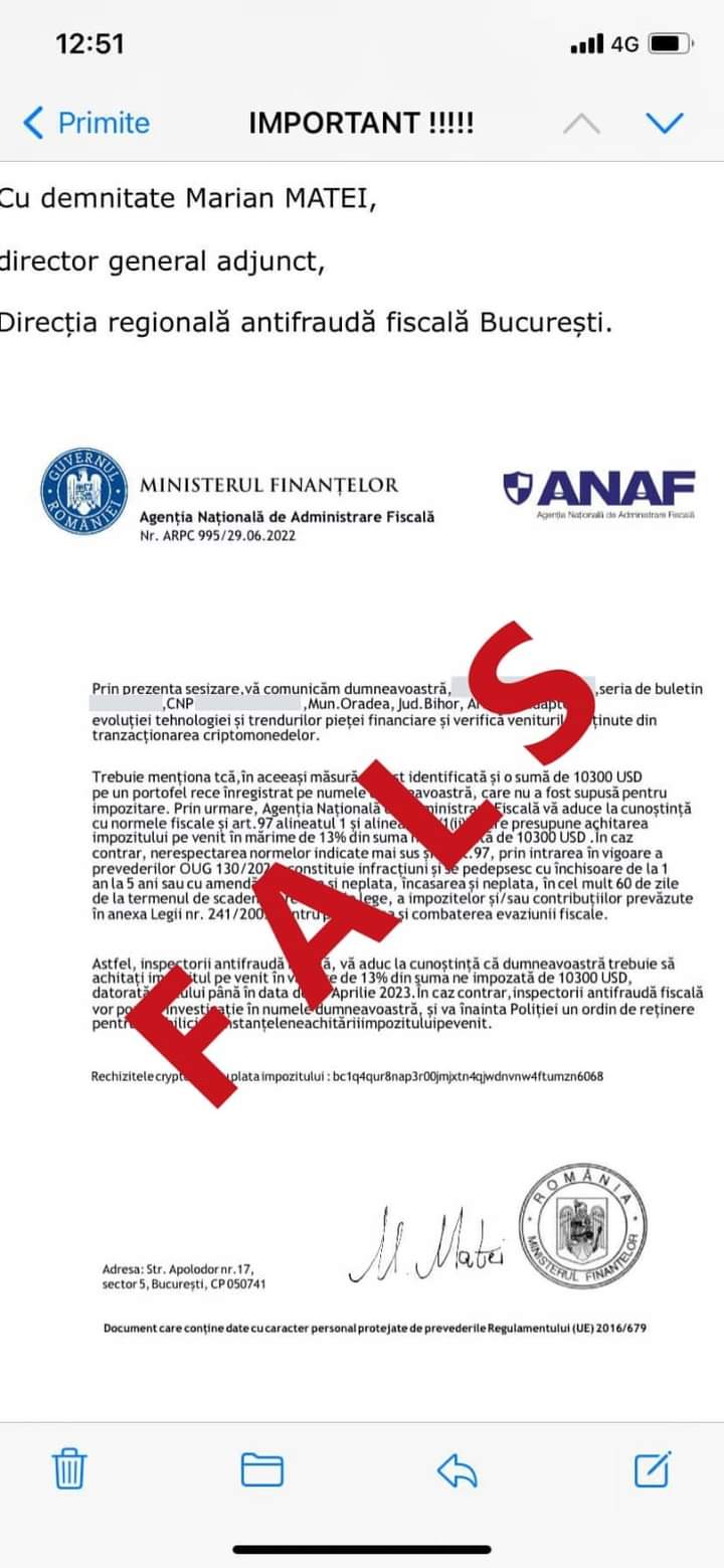 ANAF trage un semnal de alarmă! Au fost trimise mesaje false în numele instituției